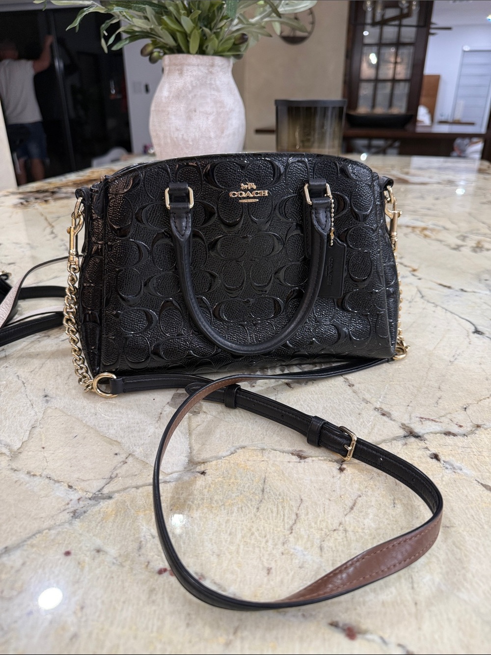 Coach Black Signature Embossed Leather Mini Satchel with Gold Accents